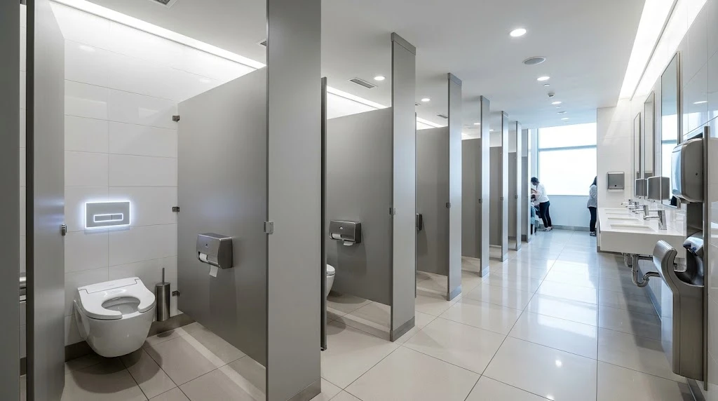 Sustainable bathroom products installed in commercial restroom Sustainable bathroom products installed in commercial restroom